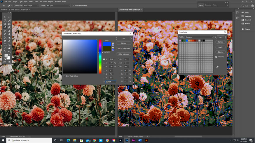 This screenshot shows the process of reducing and recoloring a color indexed image