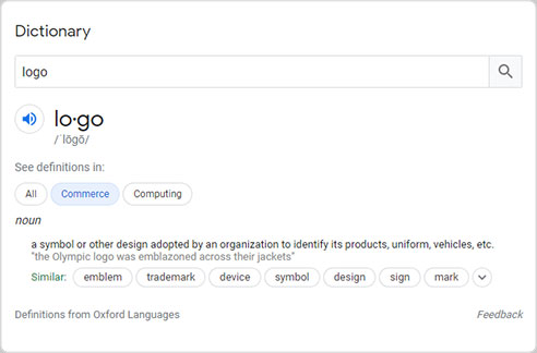 Image of the Google definition for the commercial use of the word logo.
